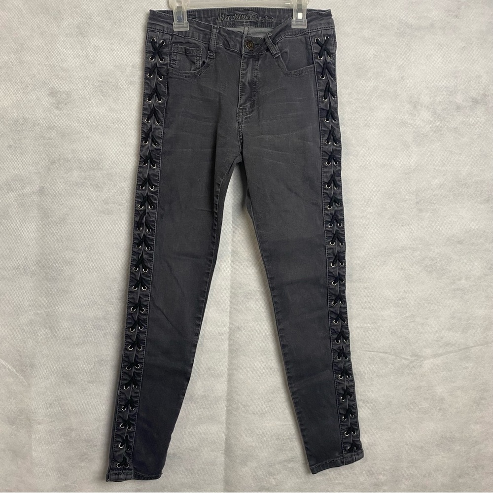 Machine Nouvelle Mode Jeans Women Sz 27 Black Wash Lace Up Mid Rise Skinny